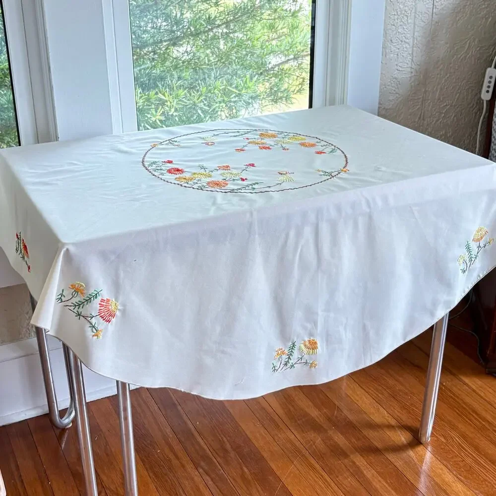 Vintage Embroidered Round Tablecloth, Beige Floral Cotton Blend 58”
